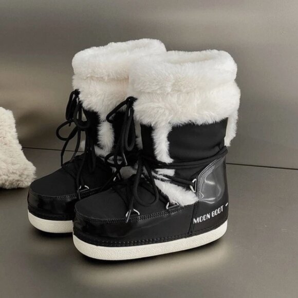 Faux moon boots Winter black with white fur - Picture 2 of 11